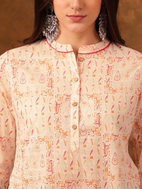 Anouk Ethnic Motif Printed Mandarin Collar Three-Quarter Sleeves Cotton Kurti - Image 2