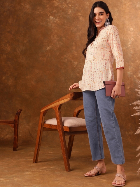 Anouk Ethnic Motif Printed Mandarin Collar Three-Quarter Sleeves Cotton Kurti - Image 6