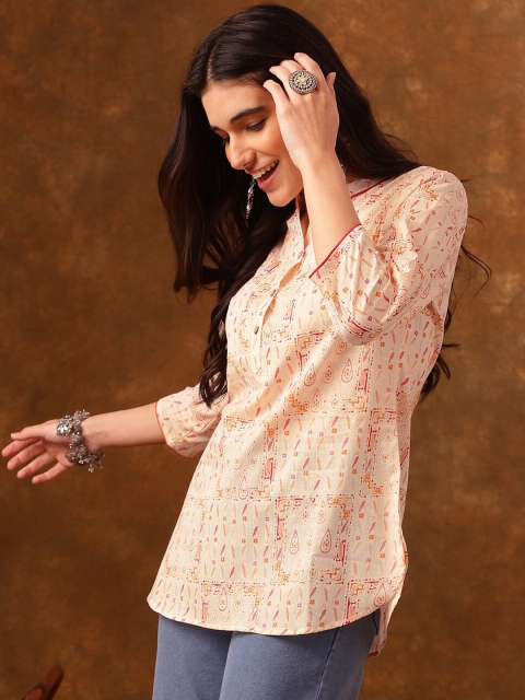 Anouk Ethnic Motif Printed Mandarin Collar Three-Quarter Sleeves Cotton Kurti - Image 3