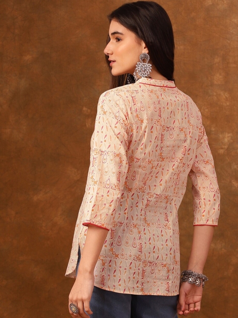 Anouk Ethnic Motif Printed Mandarin Collar Three-Quarter Sleeves Cotton Kurti - Image 4