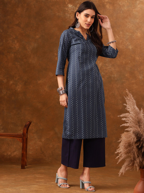 Anouk Navy Blue Striped Shirt Collar Straight Kurta
