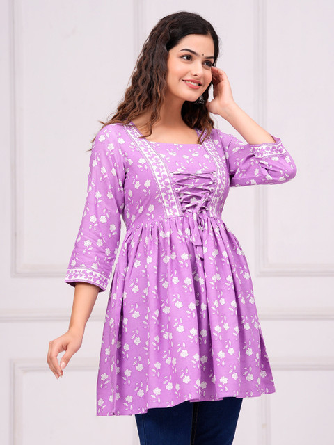 INDIANIC Floral Printed V-Neck A-Line Kurti - Image 3