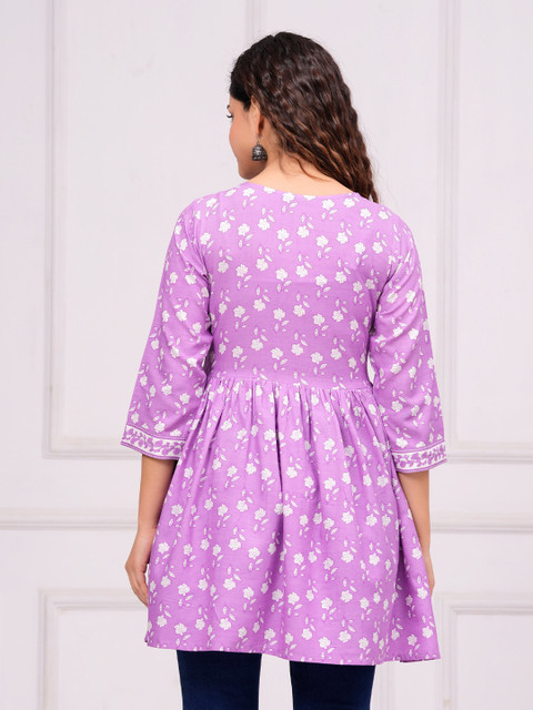 INDIANIC Floral Printed V-Neck A-Line Kurti - Image 4