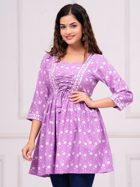 INDIANIC Floral Printed V-Neck A-Line Kurti