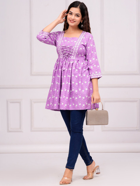 INDIANIC Floral Printed V-Neck A-Line Kurti - Image 5