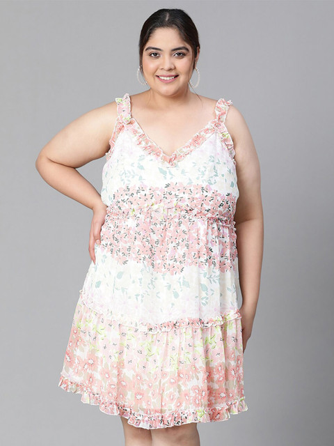 Oxolloxo Plus Size Floral Print Ruffled Chiffon Empire Dress