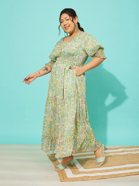 QUIERO MAS Plus Size Floral Printed Cuffed Sleeves Georgette Tiered Maxi Dress - Image 3
