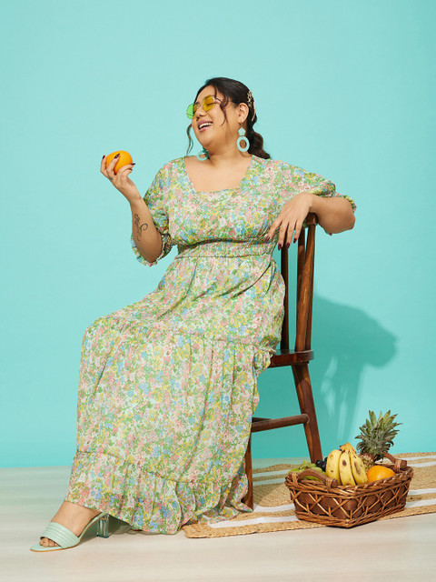 QUIERO MAS Plus Size Floral Printed Cuffed Sleeves Georgette Tiered Maxi Dress - Image 5