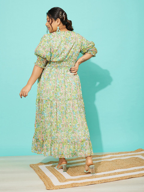 QUIERO MAS Plus Size Floral Printed Cuffed Sleeves Georgette Tiered Maxi Dress - Image 4