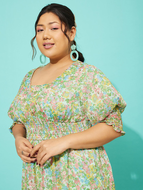 QUIERO MAS Plus Size Floral Printed Cuffed Sleeves Georgette Tiered Maxi Dress - Image 2