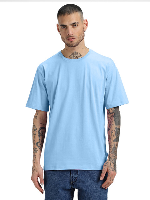 VEIRDO Sky Blue Drop-Shoulder Sleeves Pure Cotton Oversized T-shirt - Image 6