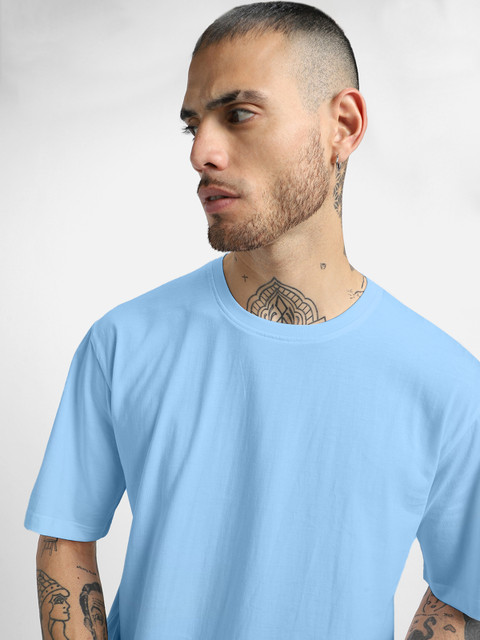 VEIRDO Sky Blue Drop-Shoulder Sleeves Pure Cotton Oversized T-shirt - Image 2