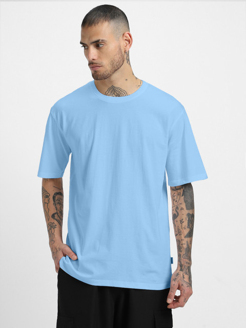 VEIRDO Sky Blue Drop-Shoulder Sleeves Pure Cotton Oversized T-shirt - Image 3