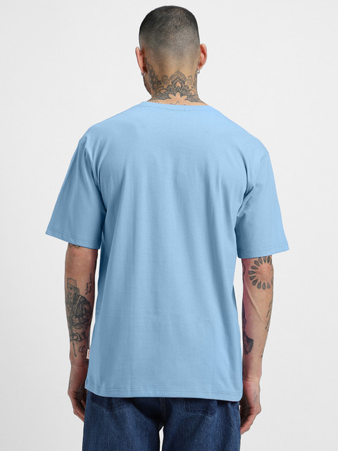 VEIRDO Sky Blue Drop-Shoulder Sleeves Pure Cotton Oversized T-shirt - Image 4