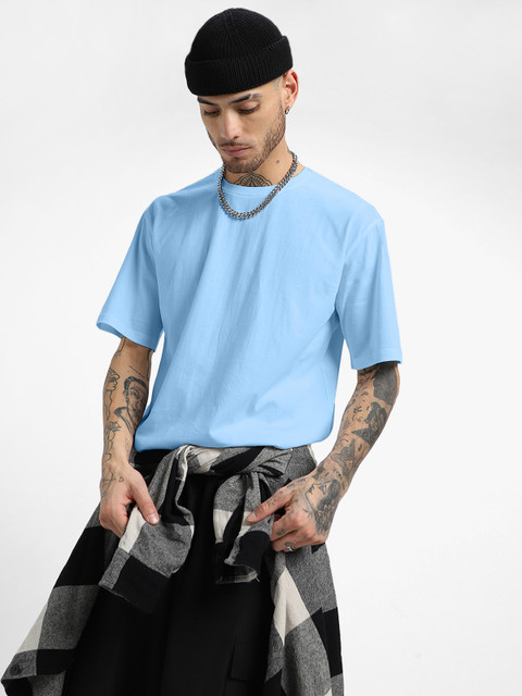 VEIRDO Sky Blue Drop-Shoulder Sleeves Pure Cotton Oversized T-shirt - Image 5