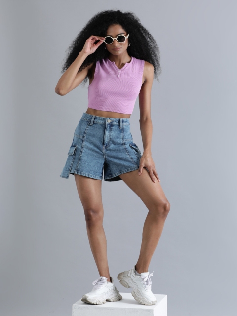 Bene Kleed Women Washed High-Rise Panelled Cargo Denim Shorts - Image 5