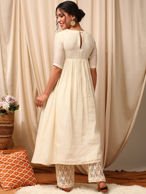 Inddus Floral Embroidered Pleated Anarkali Kurta With Trousers - Image 5