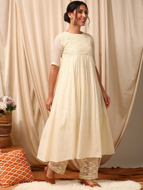 Inddus Floral Embroidered Pleated Anarkali Kurta With Trousers - Image 3