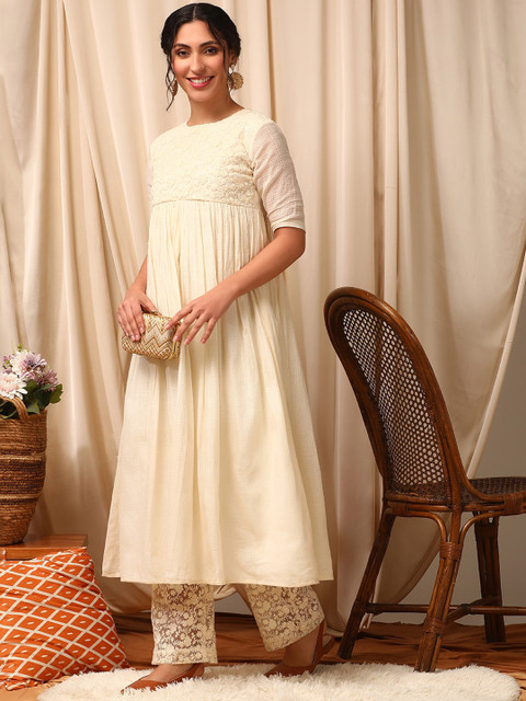 Inddus Floral Embroidered Pleated Anarkali Kurta With Trousers - Image 6