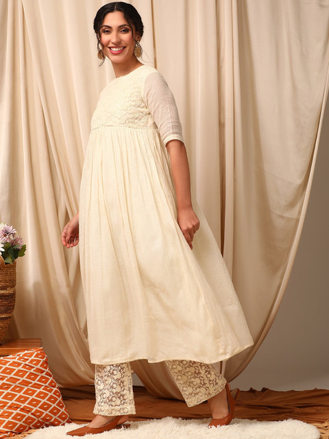 Inddus Floral Embroidered Pleated Anarkali Kurta With Trousers - Image 4