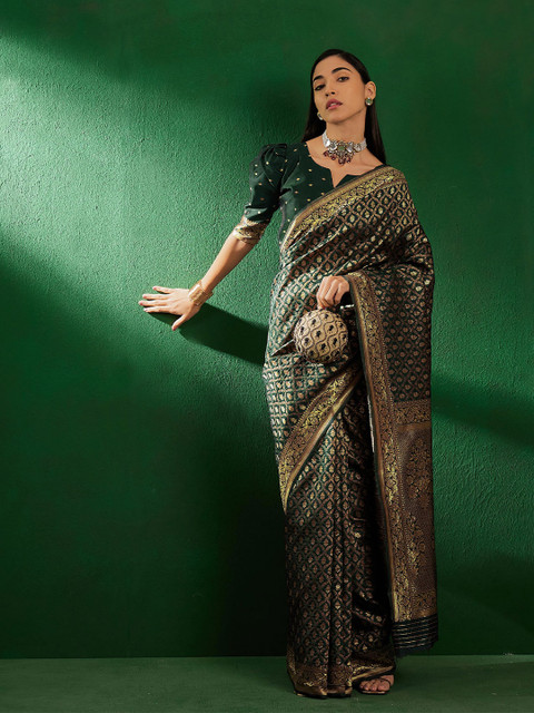 Sangria Green Ethnic Motifs Woven Design Zari Banarasi Saree