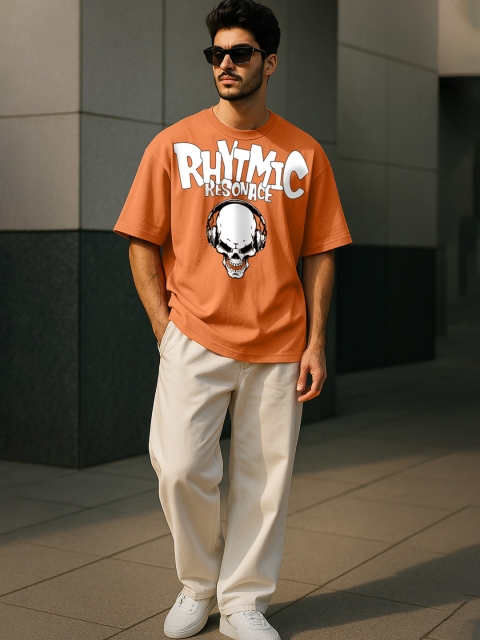 VEIRDO Round Neck Short Sleeves Graphic Printed Pure Cotton Cotton Oversized T-shirt