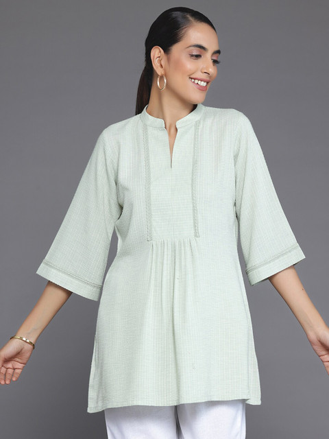 Libas Striped Mandarin Collar Lace Straight Kurti