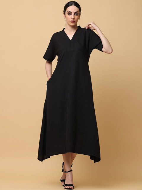 BLACK & BLAH BLAH Relaxed Fit Solid A-Line Cotton Linen Midi Dress