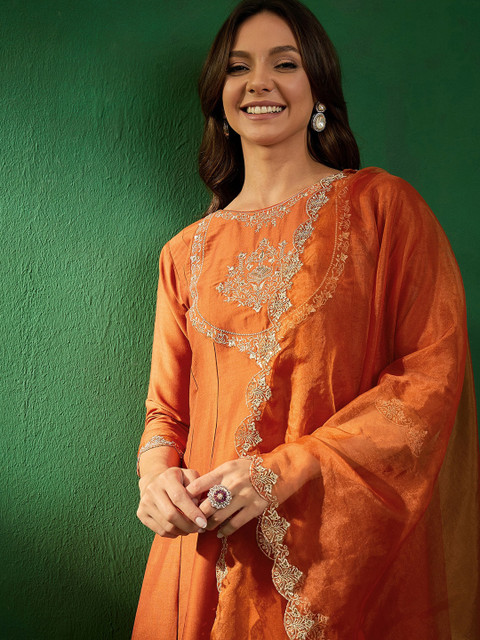 Sangria Embroidered Boat-Neck Kurta With Trousers & Dupatta - Image 2