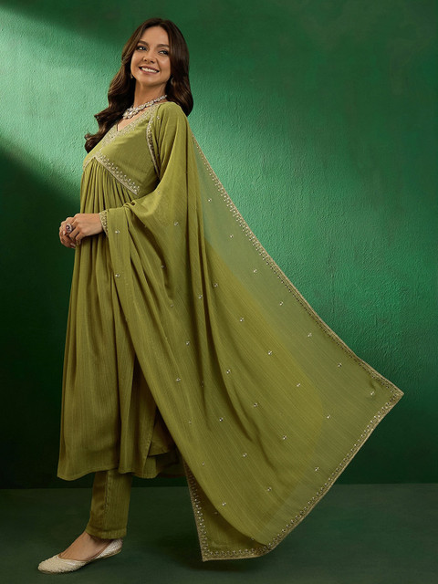 Sangria Alia Cut Embroidered V-Neck Kurta With Trousers & Dupatta - Image 5