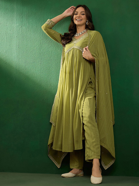 Sangria Alia Cut Embroidered V-Neck Kurta With Trousers & Dupatta - Image 2