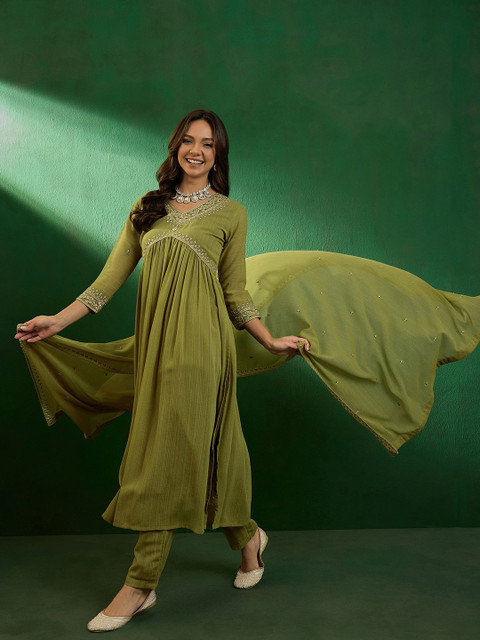 Sangria Alia Cut Embroidered V-Neck Kurta With Trousers & Dupatta - Image 7