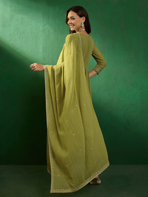 Sangria Alia Cut Embroidered V-Neck Kurta With Trousers & Dupatta - Image 6