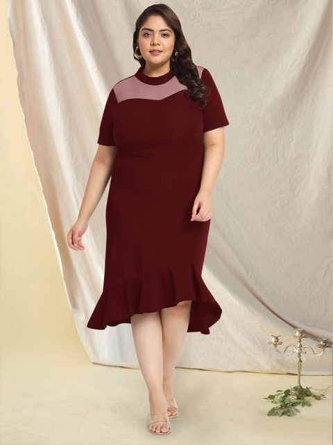 wild U Plus Size Round Neck Ruffled Sheath Midi Sheath Dress