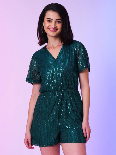 Globus Green Embellished Wrap Neck Mini Party Playsuit