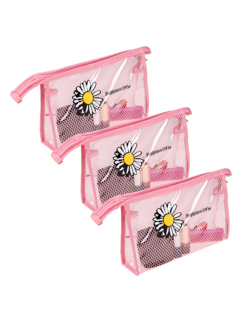 Kuber Industries Pack of 3 Transparent Net Sunflower Toiletry Pouch