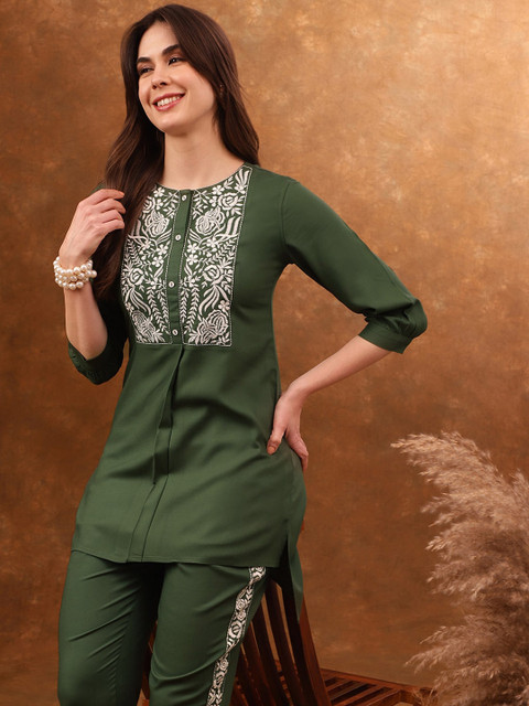 Anouk Green Embroidered Tunic With Trousers Co-Ords - Image 3