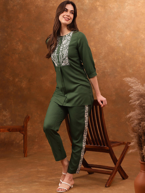 Anouk Green Embroidered Tunic With Trousers Co-Ords