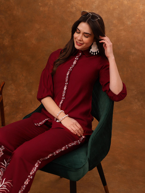 Anouk Red Embroidered Tunic With Trousers Co-Ords - Image 3