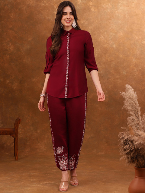 Anouk Red Embroidered Tunic With Trousers Co-Ords - Image 4