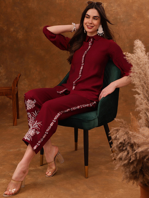 Anouk Red Embroidered Tunic With Trousers Co-Ords