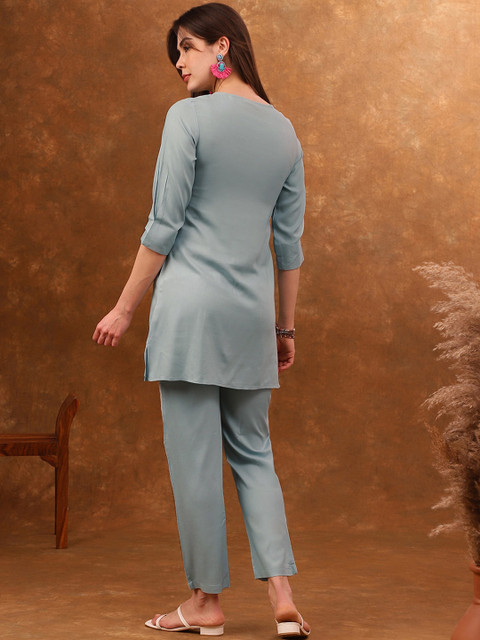 Anouk Blue Embroidered Tunic With Trousers Co-Ords - Image 5