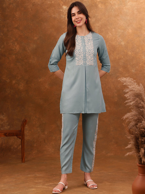 Anouk Blue Embroidered Tunic With Trousers Co-Ords - Image 4