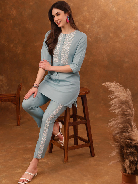 Anouk Blue Embroidered Tunic With Trousers Co-Ords
