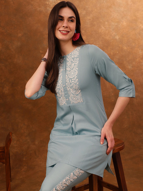 Anouk Blue Embroidered Tunic With Trousers Co-Ords - Image 3