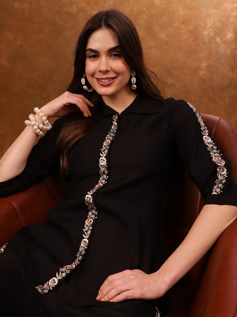 Anouk Black Embroidered Tunic With Trousers Co-Ords - Image 3