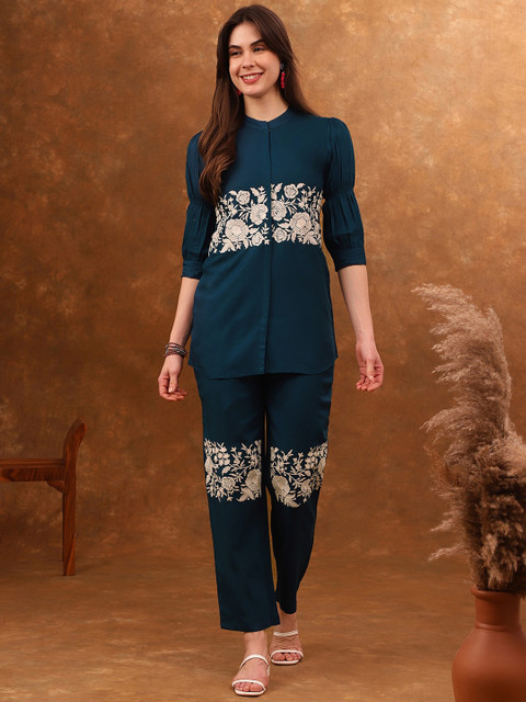 Anouk Blue Embroidered Tunic With Trousers Co-Ords
