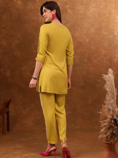 Anouk Yellow Embroidered Tunic & Trousers Co-Ords - Image 5