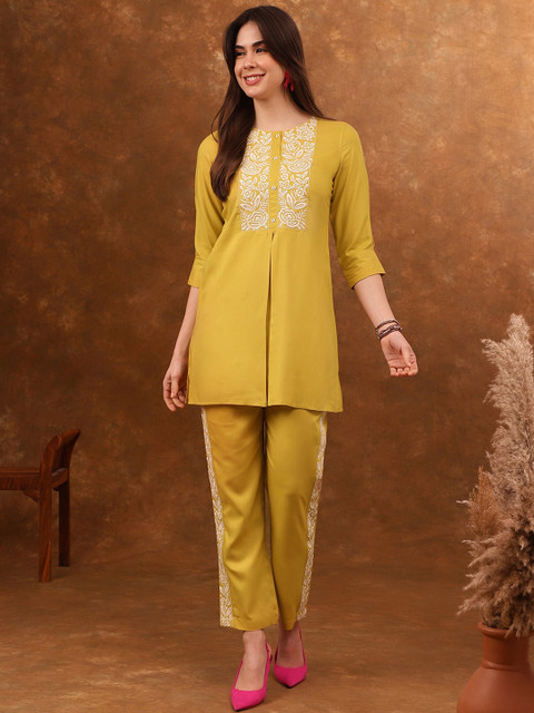 Anouk Yellow Embroidered Tunic & Trousers Co-Ords - Image 4