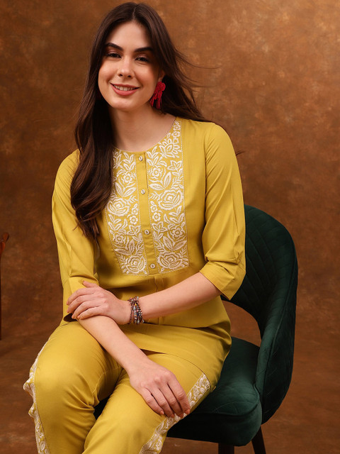 Anouk Yellow Embroidered Tunic & Trousers Co-Ords - Image 3